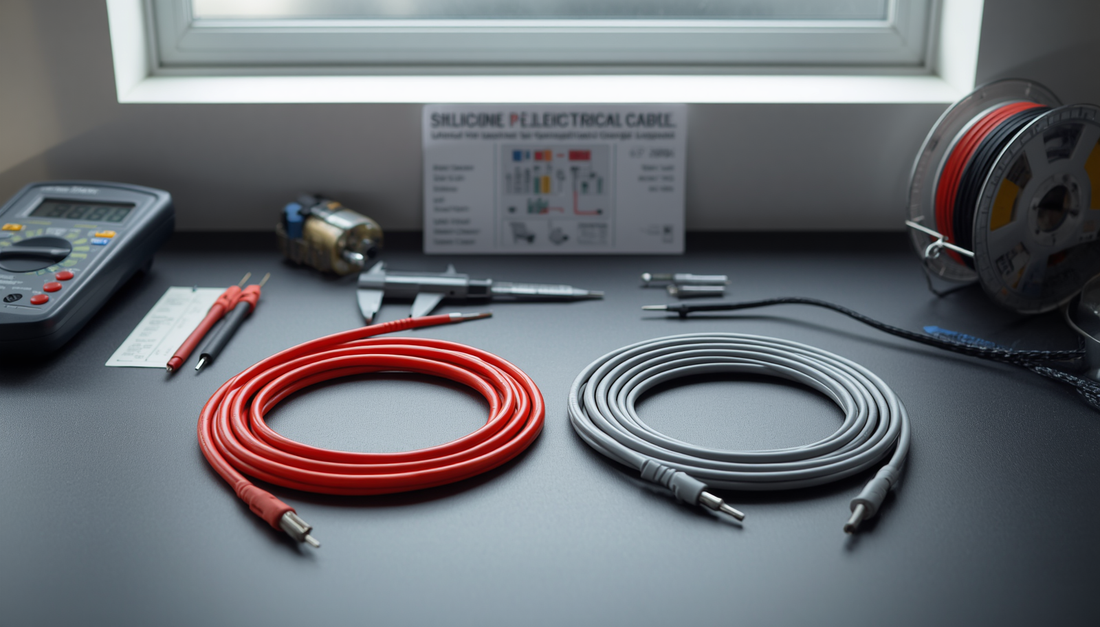 Comparaison entre un câble électrique en silicone rouge et un câble électrique en PVC gris sur un établi d'électronicien.