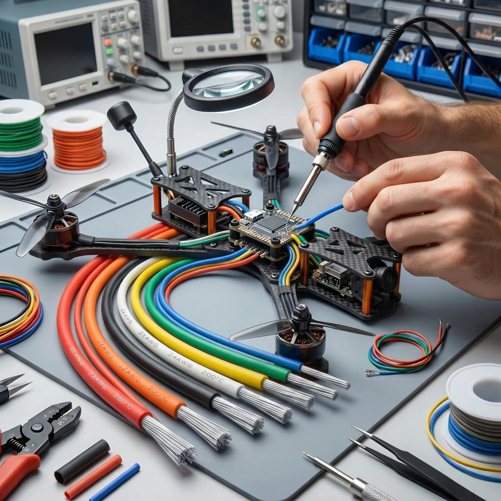 Câble électrique silicone 200°C utilisés pour le câblage et la soudure d'un drone FPV dans un atelier d'électronique 