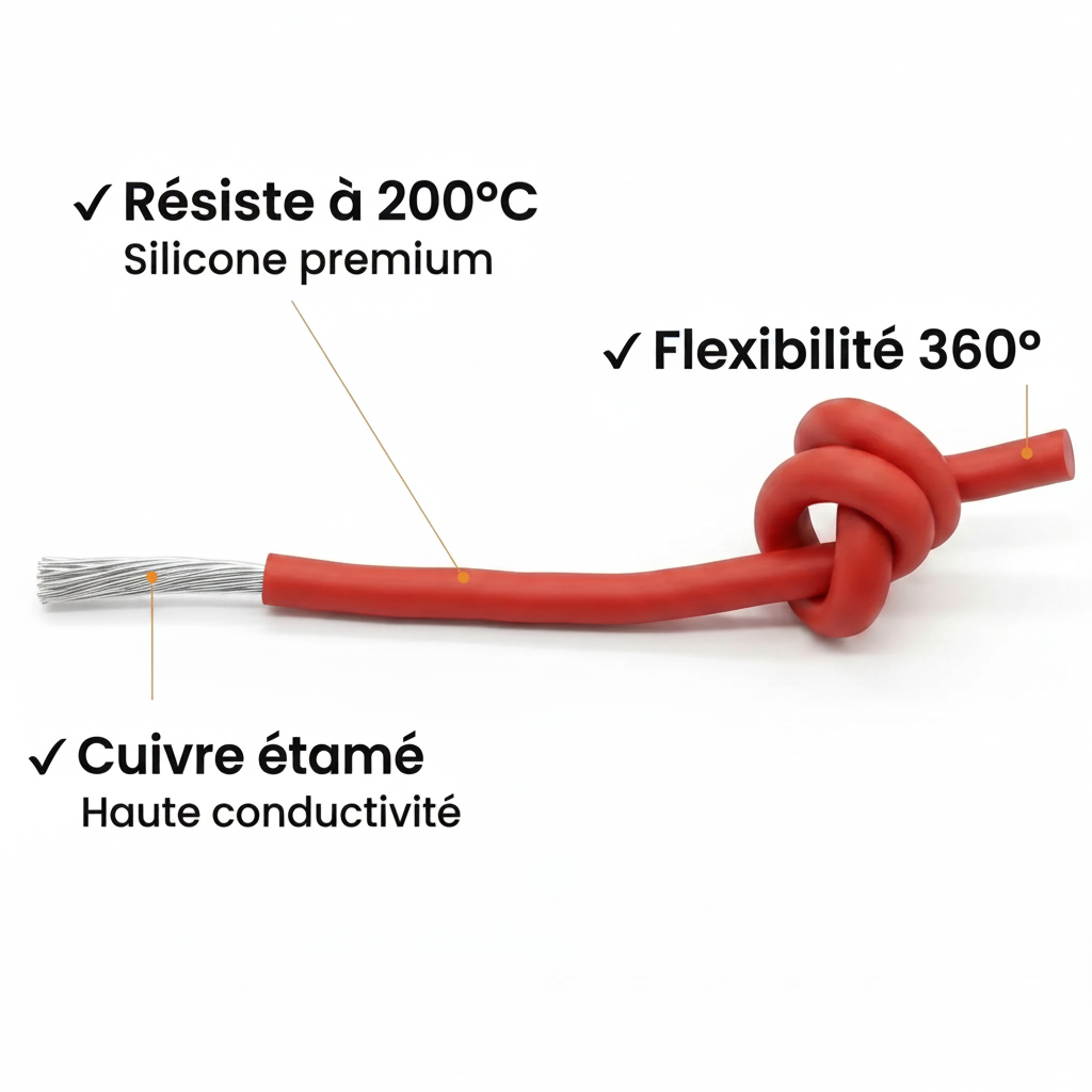 Câble électrique silicone rouge 200°C haute température en cuivre étamé avec isolation silicone premium et grande flexibilité 360°