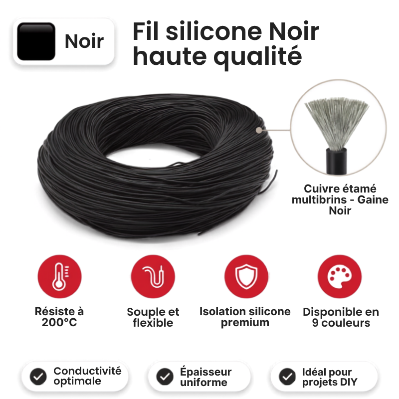 Câble Silicone 1M 12-28 AWG | Fil Haute Température 200°C