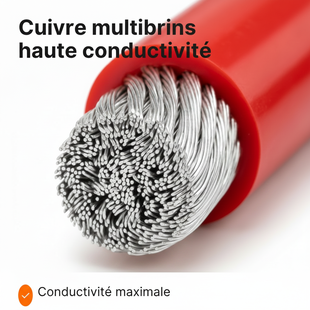 Gros plan sur le conducteur en cuivre multibrins d'un câble électrique silicone 200°C haute température pour une conductivité maximale